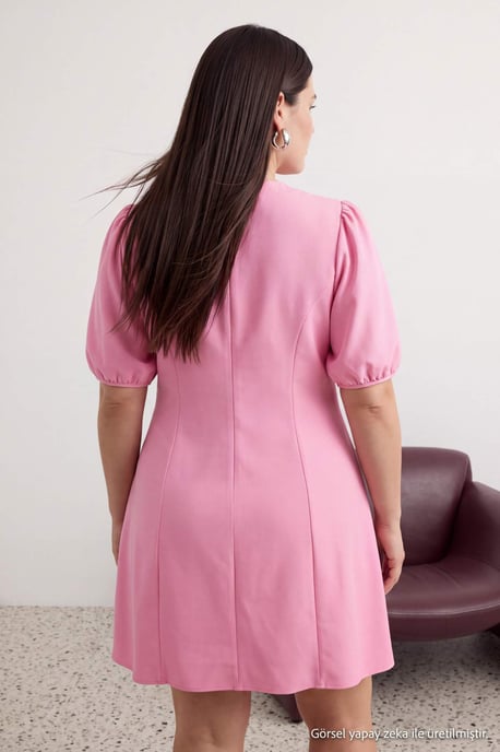 Trendyol Curve Damen Rosa Einfarbig Kurz / Mini 3/4-Arm Skater Große Größen Kleid - Image 4