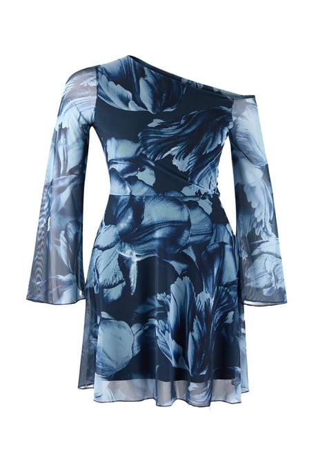 Trendyol Curve Damen Blau Geblümt Kurz / Mini Lang Casual Skater Große Größen Kleid - Image 4
