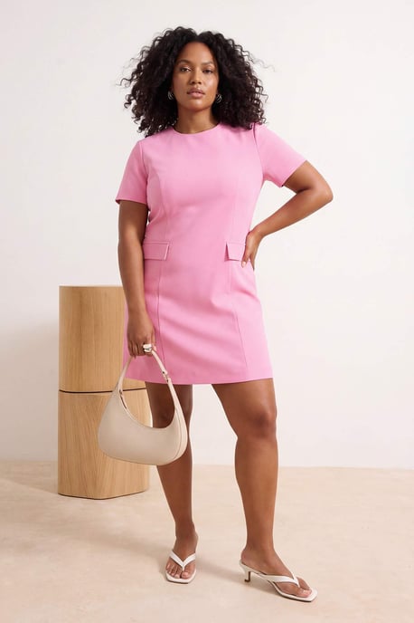 Trendyol Curve Damen Rosa Einfarbig Kurz / Mini 3/4-Arm Casual A-Linie Große Größen Kleid - Image 6