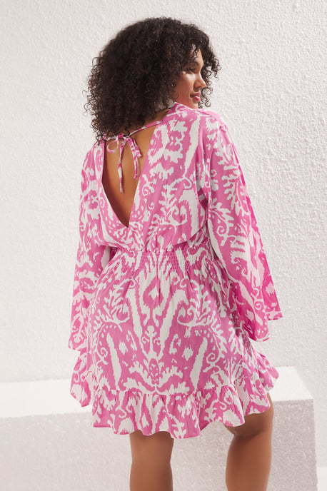 Trendyol Curve Damen Rosa Ethno-Muster Kurz / Mini Lang Strandmode Skater Große Größen Kleid - Image 4