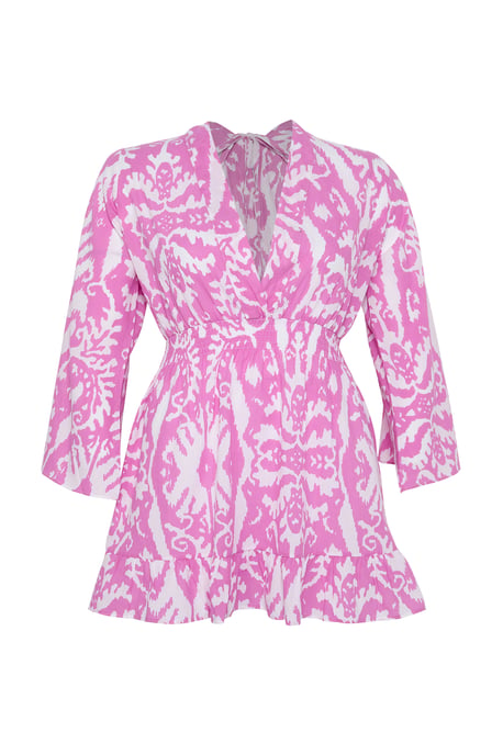 Trendyol Curve Damen Rosa Ethno-Muster Kurz / Mini Lang Strandmode Skater Große Größen Kleid - Image 5