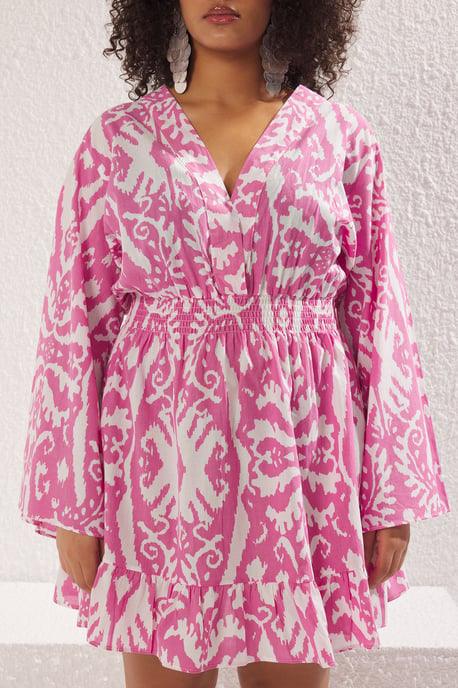 Trendyol Curve Damen Rosa Ethno-Muster Kurz / Mini Lang Strandmode Skater Große Größen Kleid - Image 6