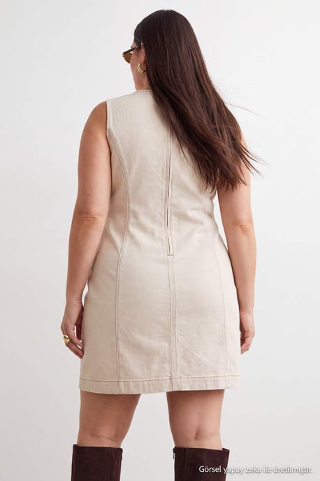 Trendyol Curve Damen Ecru Einfarbig Kurz / Mini Ärmellos Gerade Große Größen Kleid - Image 3