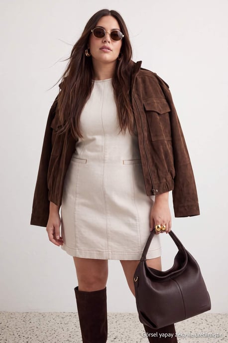 Trendyol Curve Damen Ecru Einfarbig Kurz / Mini Ärmellos Gerade Große Größen Kleid - Image 6