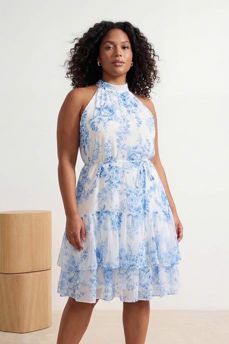 Trendyol Curve Damen Ecru Geblümt Kurz / Mini Ärmellos Casual A-Linie Große Größen Kleid - Image 1