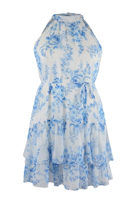 Trendyol Curve Damen Ecru Geblümt Kurz / Mini Ärmellos Casual A-Linie Große Größen Kleid - Image 3