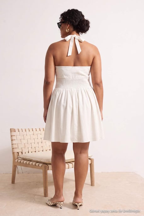 Trendyol Curve Damen Ecru Einfarbig Kurz / Mini Ärmellos Skater Große Größen Kleid - Image 2