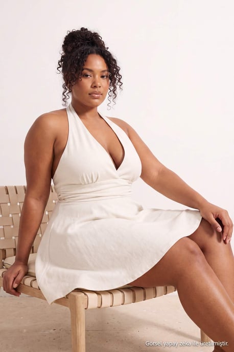 Trendyol Curve Damen Ecru Einfarbig Kurz / Mini Ärmellos Skater Große Größen Kleid - Image 6