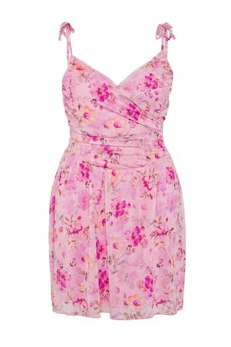 Trendyol Curve Damen Rosa Geblümt Kurz / Mini Ärmellos Casual Skater Große Größen Kleid - Image 1