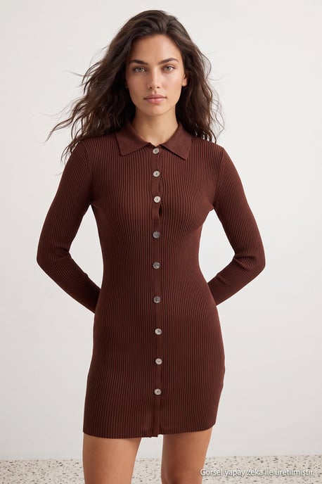 TRENDYOLMİLLA Damen Braun Einfarbig Kurz / Mini Lang Casual Gerade Kleider - Image 2