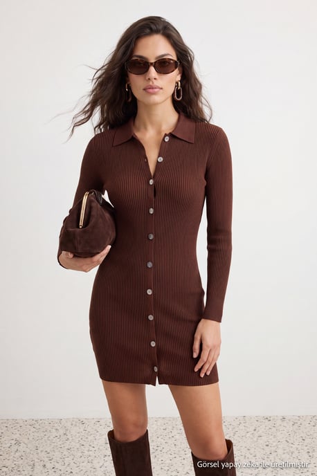 TRENDYOLMİLLA Damen Braun Einfarbig Kurz / Mini Lang Casual Gerade Kleider - Image 3