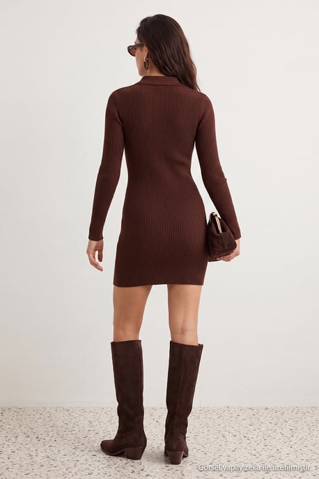 TRENDYOLMİLLA Damen Braun Einfarbig Kurz / Mini Lang Casual Gerade Kleider - Image 4