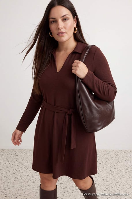Trendyol Curve Damen Braun Einfarbig Kurz / Mini Lang Casual A-Linie Große Größen Kleid - Image 4