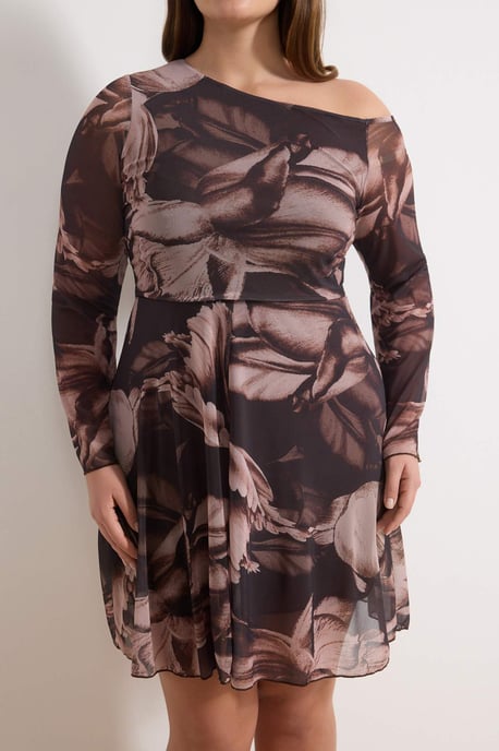 Trendyol Curve Damen Braun Geblümt Kurz / Mini Lang Casual Skater Große Größen Kleid - Image 2