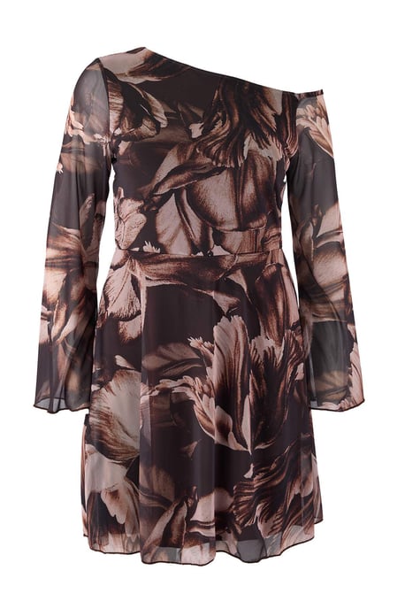 Trendyol Curve Damen Braun Geblümt Kurz / Mini Lang Casual Skater Große Größen Kleid - Image 4