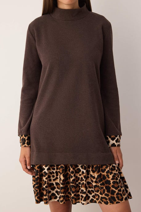 TRENDYOLMİLLA Damen Braun Gepunktet Kurz / Mini Lang Casual Gerade Kleider - Image 2