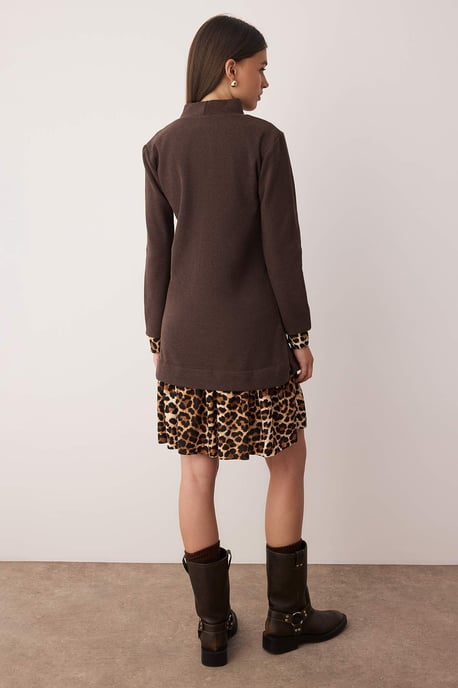 TRENDYOLMİLLA Damen Braun Gepunktet Kurz / Mini Lang Casual Gerade Kleider - Image 3