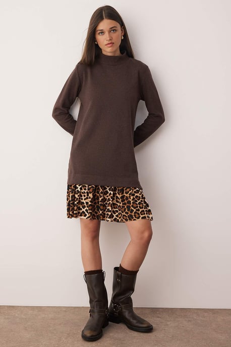 TRENDYOLMİLLA Damen Braun Gepunktet Kurz / Mini Lang Casual Gerade Kleider - Image 4