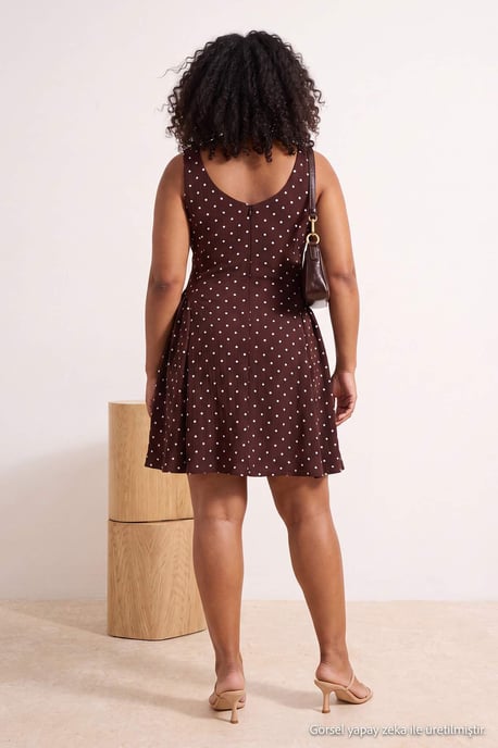 Trendyol Curve Damen Braun Gepunktet Kurz / Mini Ärmellos Casual A-Linie Große Größen Kleid - Image 2