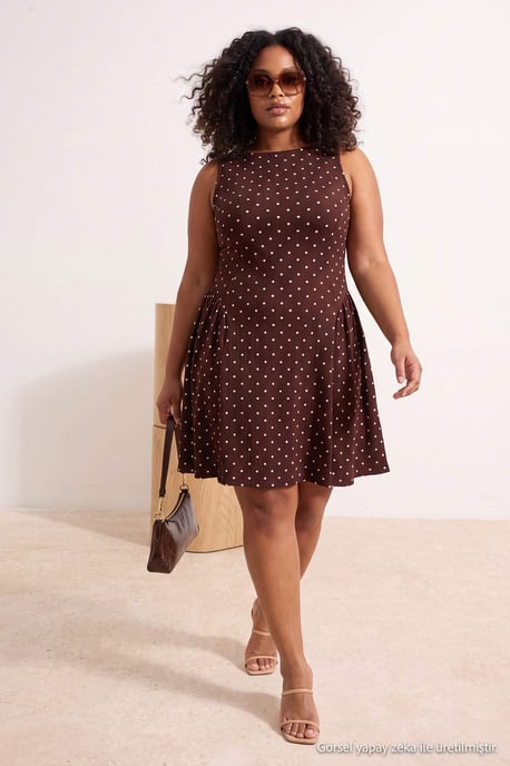 Trendyol Curve Damen Braun Gepunktet Kurz / Mini Ärmellos Casual A-Linie Große Größen Kleid - Image 6