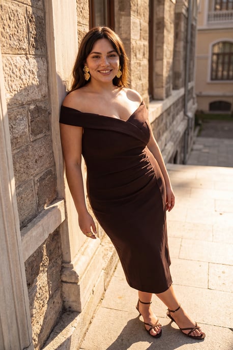 Trendyol Curve Damen Braun Einfarbig Kurz / Mini Ärmellos Elegant/Abend Bodycon Große Größen Kleid - Image 6