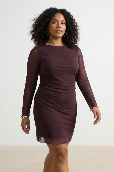 Trendyol Curve Damen Braun Geblümt Kurz / Mini Lang Casual A-Linie Große Größen Kleid - Image 3