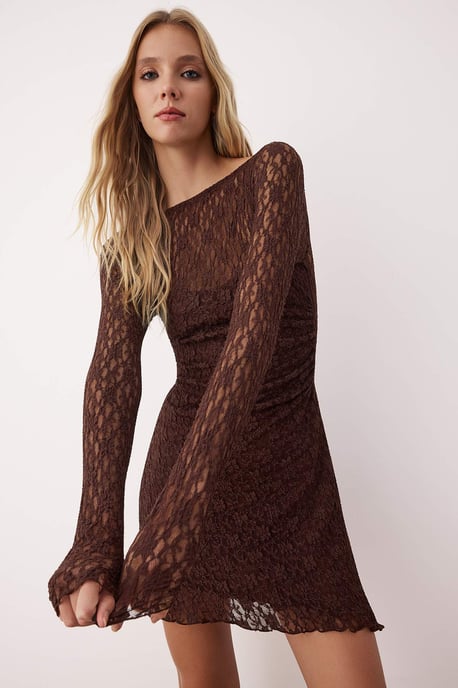 TRENDYOLMİLLA Damen Braun Einfarbig Kurz / Mini Lang Casual A-Linie Kleider - Image 6