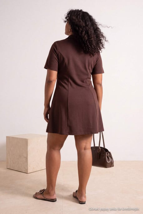 Trendyol Curve Damen Braun Einfarbig Kurz / Mini 3/4-Arm A-Linie Große Größen Kleid - Image 3