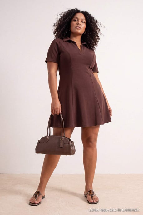 Trendyol Curve Damen Braun Einfarbig Kurz / Mini 3/4-Arm A-Linie Große Größen Kleid - Image 6