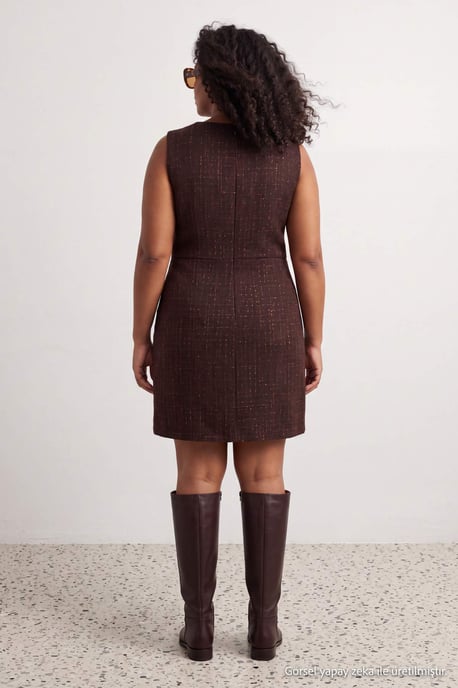 Trendyol Curve Damen Braun Kariert Kurz / Mini Ärmellos A-Linie Große Größen Kleid - Image 3