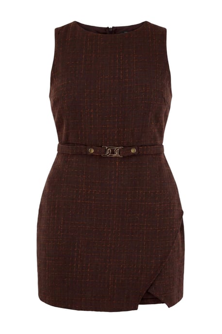 Trendyol Curve Damen Braun Kariert Kurz / Mini Ärmellos A-Linie Große Größen Kleid - Image 4