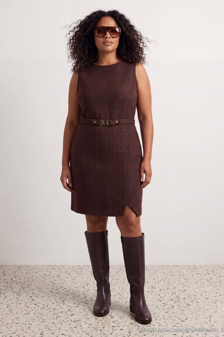Trendyol Curve Damen Braun Kariert Kurz / Mini Ärmellos A-Linie Große Größen Kleid - Image 6