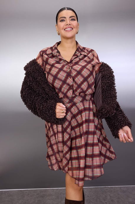 Trendyol Curve Damen Mehrfarbig Kariert Kurz / Mini Lang Casual Hemdblusenkleid Große Größen Kleid - Image 1