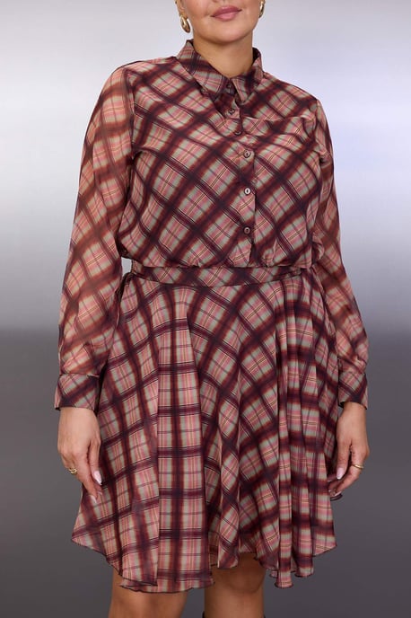 Trendyol Curve Damen Mehrfarbig Kariert Kurz / Mini Lang Casual Hemdblusenkleid Große Größen Kleid - Image 2