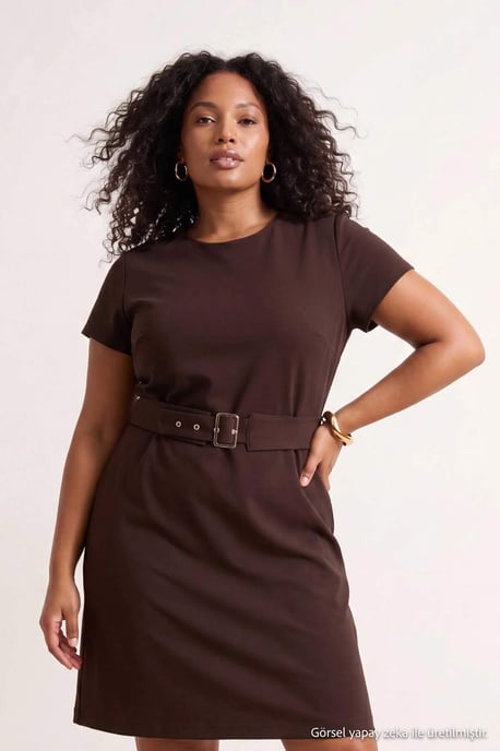 Trendyol Curve Damen Braun Gestreift Kurz / Mini Kurz Bodycon Große Größen Kleid - Image 6