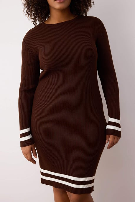Trendyol Curve Damen Braun Gestreift Kurz / Mini Lang Casual Bodycon Große Größen Kleid - Image 2
