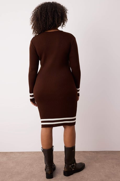 Trendyol Curve Damen Braun Gestreift Kurz / Mini Lang Casual Bodycon Große Größen Kleid - Image 3