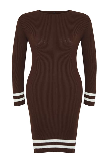 Trendyol Curve Damen Braun Gestreift Kurz / Mini Lang Casual Bodycon Große Größen Kleid - Image 4