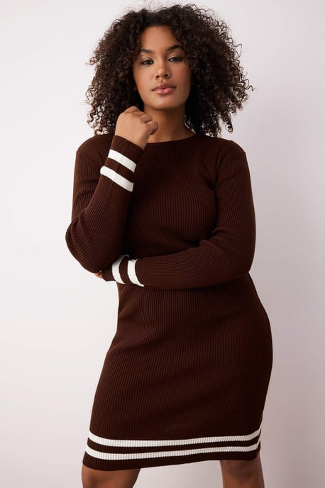 Trendyol Curve Damen Braun Gestreift Kurz / Mini Lang Casual Bodycon Große Größen Kleid - Image 6