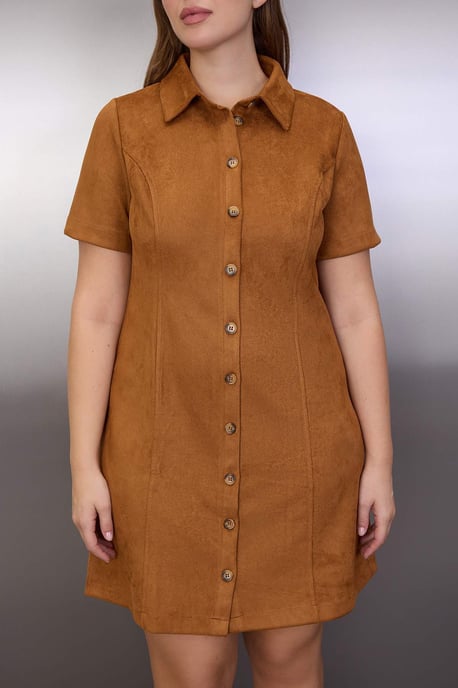 Trendyol Curve Damen Braun Einfarbig Kurz / Mini Kurz Casual A-Linie Große Größen Kleid - Image 2