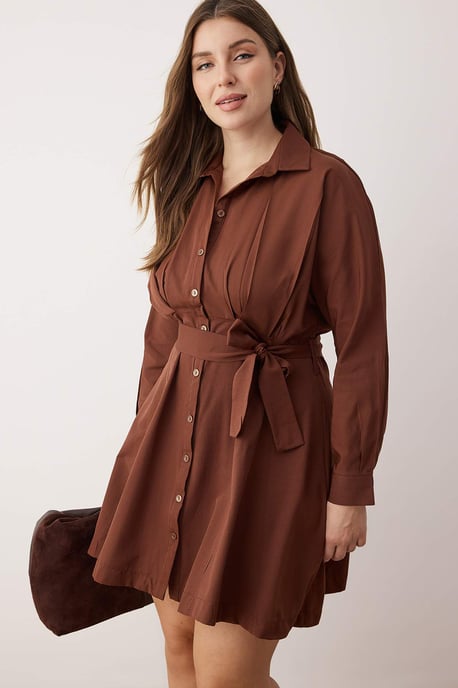 Trendyol Curve Damen Braun Einfarbig Kurz / Mini Lang Casual Hemdblusenkleid Große Größen Kleid - Image 6