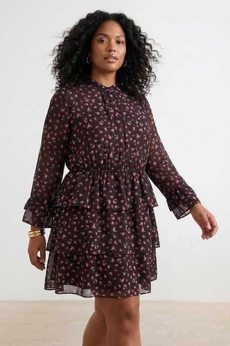 Trendyol Curve Damen Braun Geblümt Kurz / Mini Lang Party A-Linie Große Größen Kleid - Image 2