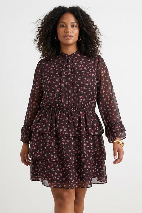 Trendyol Curve Damen Braun Geblümt Kurz / Mini Lang Party A-Linie Große Größen Kleid - Image 4