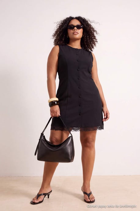 Trendyol Curve Damen Schwarz Einfarbig Kurz / Mini Ärmellos A-Linie Große Größen Kleid - Image 1