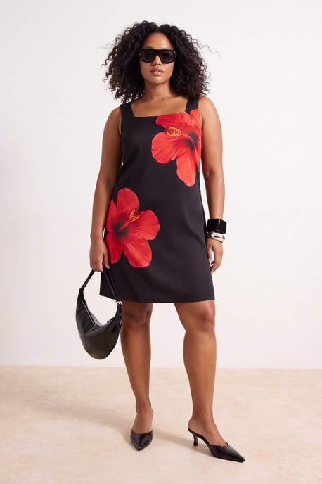 Trendyol Curve Damen Schwarz Geblümt Kurz / Mini Ärmellos A-Linie Große Größen Kleid - Image 6
