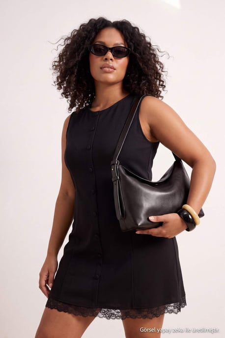 Trendyol Curve Damen Schwarz Einfarbig Kurz / Mini Ärmellos A-Linie Große Größen Kleid - Image 6