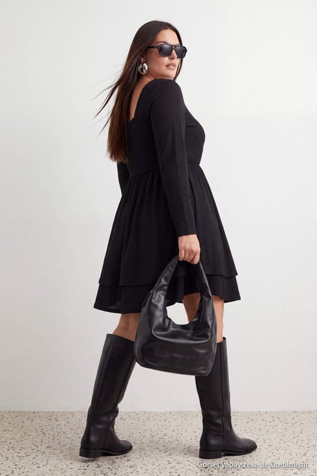 Trendyol Curve Damen Schwarz Einfarbig Kurz / Mini Lang Casual Skater Große Größen Kleid - Image 6