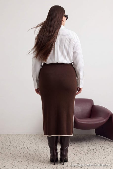 Trendyol Curve Damen Braun Gestreift Maxi Bleistift Rock Große Größen Röcke - Image 3