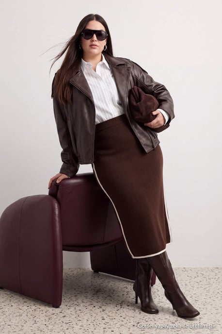 Trendyol Curve Damen Braun Gestreift Maxi Bleistift Rock Große Größen Röcke - Image 6