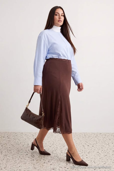 Trendyol Curve Damen Braun Einfarbig Maxi Große Größen Röcke - Image 6
